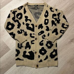 BTFBM Tan and Black Leopard V Neck Long Cardigan with Pockets